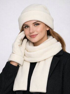 Hat Scarf & Glove Set -Soft Polyester -Ivory Matching Trio - Gender Neutral -NWT